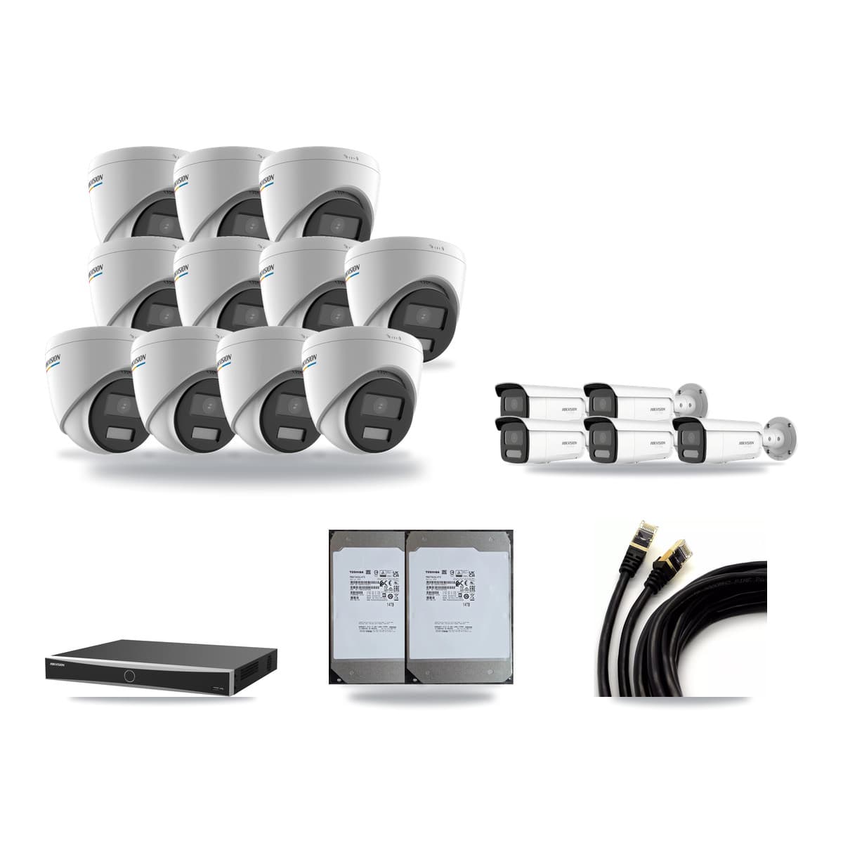 Hikvision 16-Channel 2MP – 4K CCTV Kit — 11 2MP Turret + 5 White 4K Bullet Cameras + 2× 14TB Recording (DS-7616NXI Recorder) - Image 1
