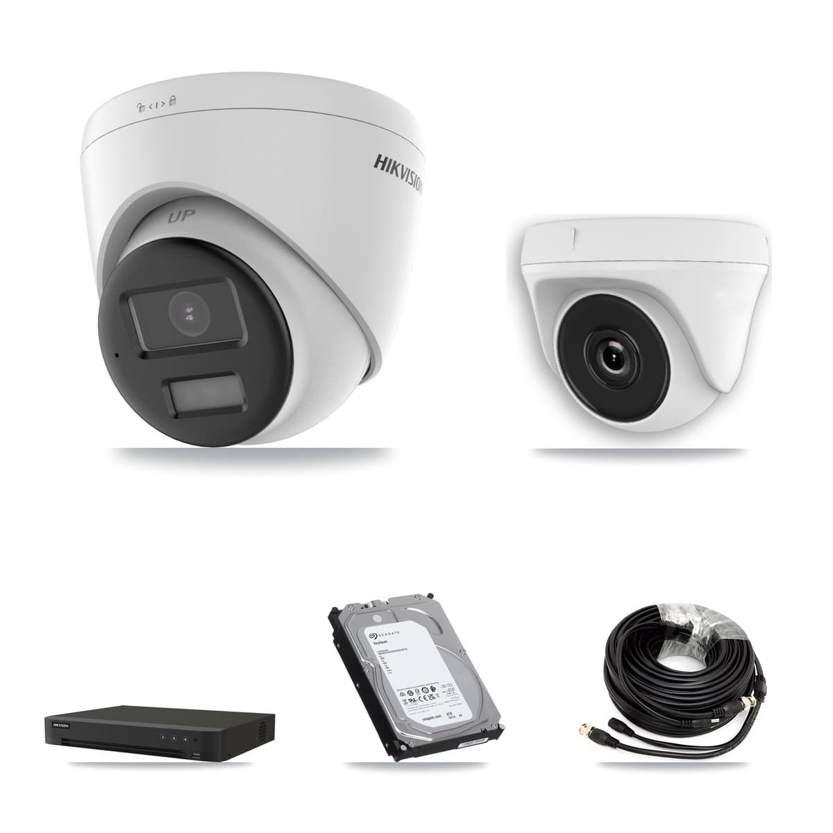 Hikvision 8-Channel 2MP – 4K CCTV Kit — 2 DS-2CE78U0T-LPTS 4K Turret + 2 White HDT-2MP-N20W-2.8MM 2MP Dome Cameras + 6TB Recording (IDS-7208HUHI-M1/XT Recorder)