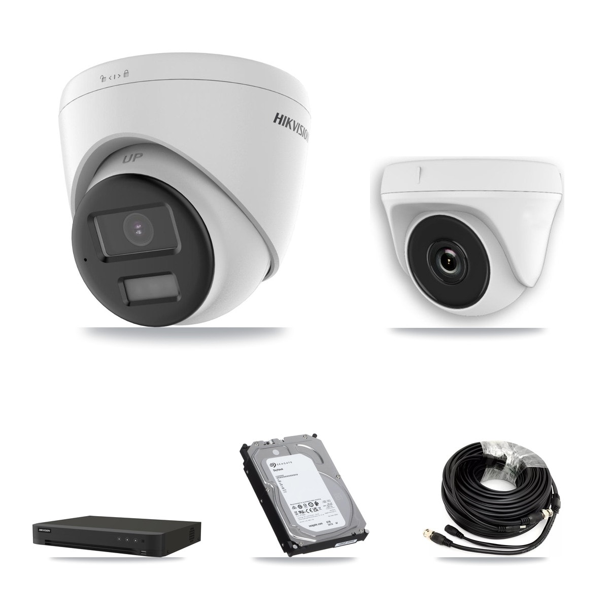 Hikvision IDS-7208HUHI-M1/XT 8-Channel DVR CCTV Kit — 2× DS-2CE78U0T-LPTS 4K Turret + 2× HDT-2MP-N20W-2.8MM White 2MP Dome Cameras + 6TB HDD