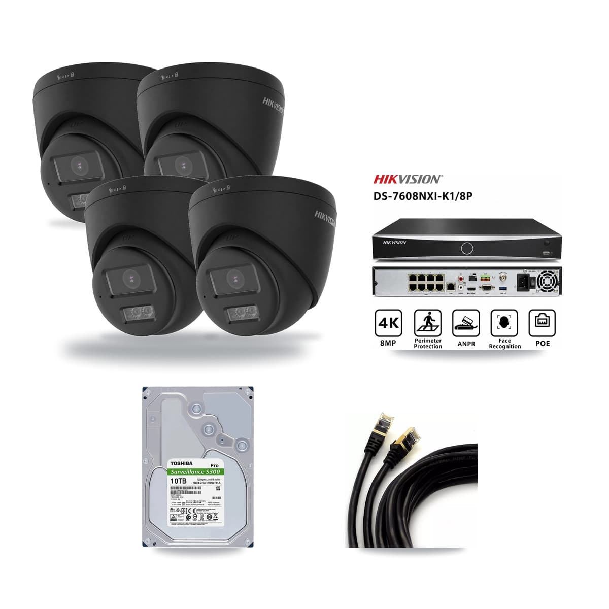 Hikvision 8-Channel 4K CCTV Kit — 4 Black DS-2CD1383G2 Turret Cameras + 10TB Recording (DS-7608NXI Recorder) - Image 1