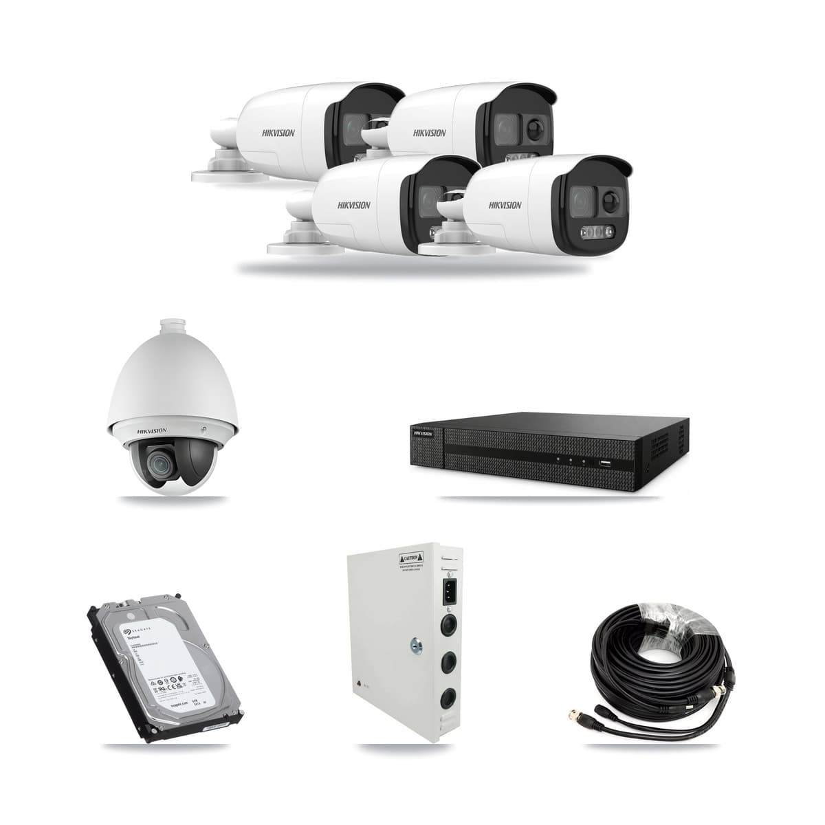 Hikvision 8-Channel 2MP – 5MP CCTV Kit — 1 DS-2AE4225T 2MP PTZ + 4 DS-2CE12KF3T 5MP Bullet Cameras + 6TB Recording (DVR-8CH Recorder) - Image 1