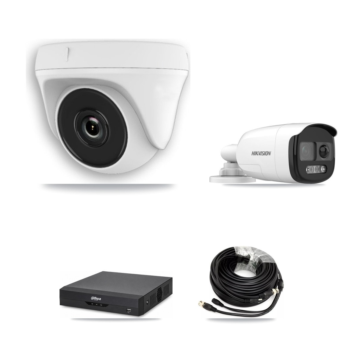 Hikvision & Dahua 4-Channel 2MP – 5MP CCTV Kit — 1 DS-2CE12KF3T 5MP Bullet + 3 White HDT-2MP-N20W 2MP Dome Cameras + 3TB Recording