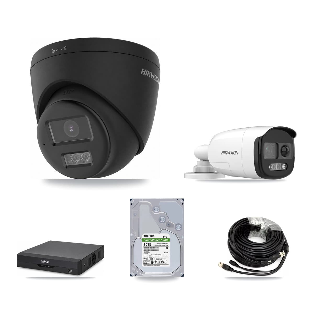 Hikvision & Dahua 4-Channel 5MP – 4K CCTV Kit — 1 5MP Bullet + 3 Black 4K Turret Cameras + 10TB Recording