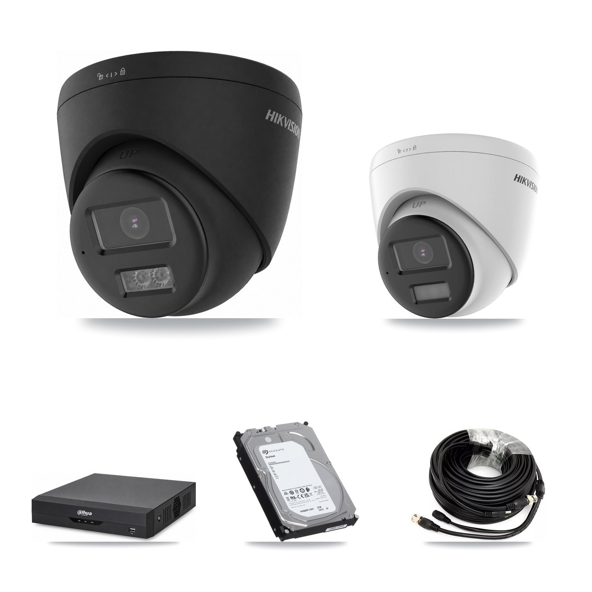 Hikvision & Dahua 4-Channel 5MP – 4K CCTV Kit — 1 DS-2CE78K0T-LPTS 5MP + 3 Black DS-2CE78U0T-LTS-BLACK 4K Turret Cameras + 6TB Recording (DH-XVR5104HS-4KL-I2 Recorder) - Image 1