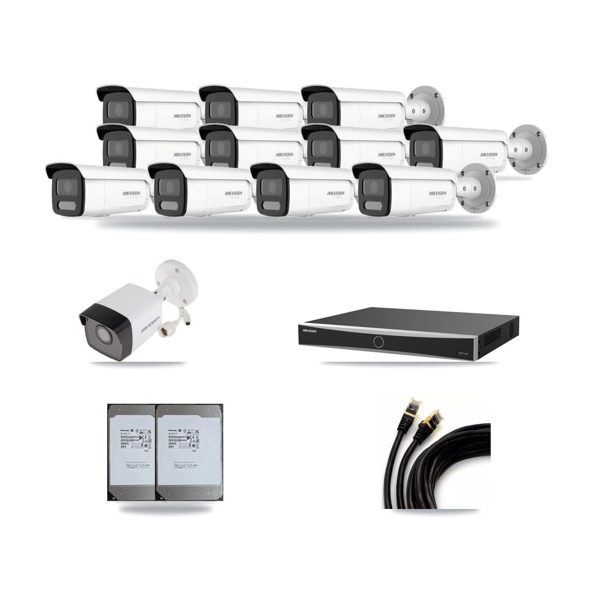 Hikvision 16-Channel 5MP – 4K CCTV Kit — 1 5MP + 11 White 4K Bullet Cameras + 2× 14TB Recording (DS-7616NXI Recorder) - Image 1