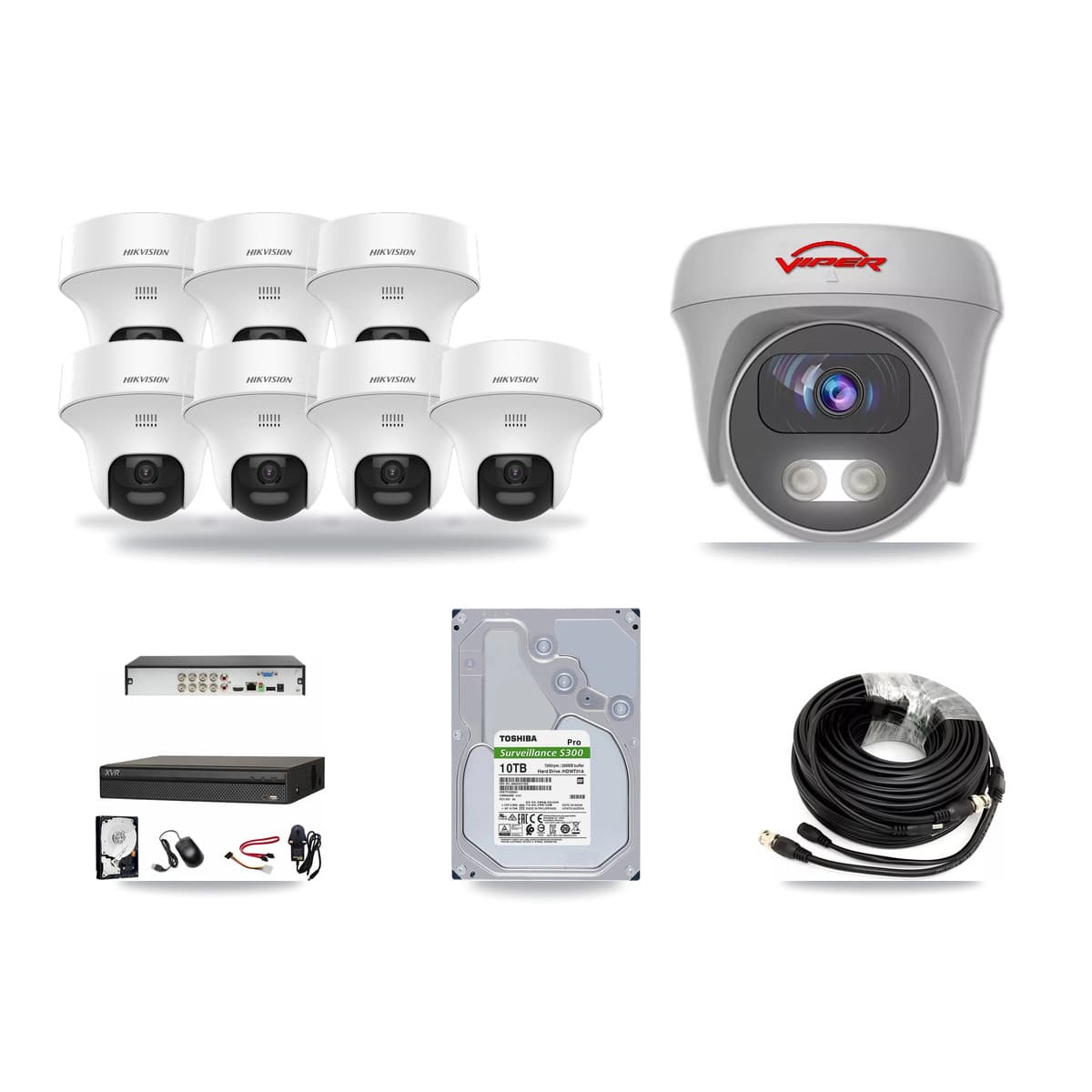 8-Channel 5MP CCTV Kit — 7 DS-2CE70K0T Turret + 1 White VIPER-5MP-3K Cameras + 10TB Recording (XVR-3108AD Recorder) - Image 1