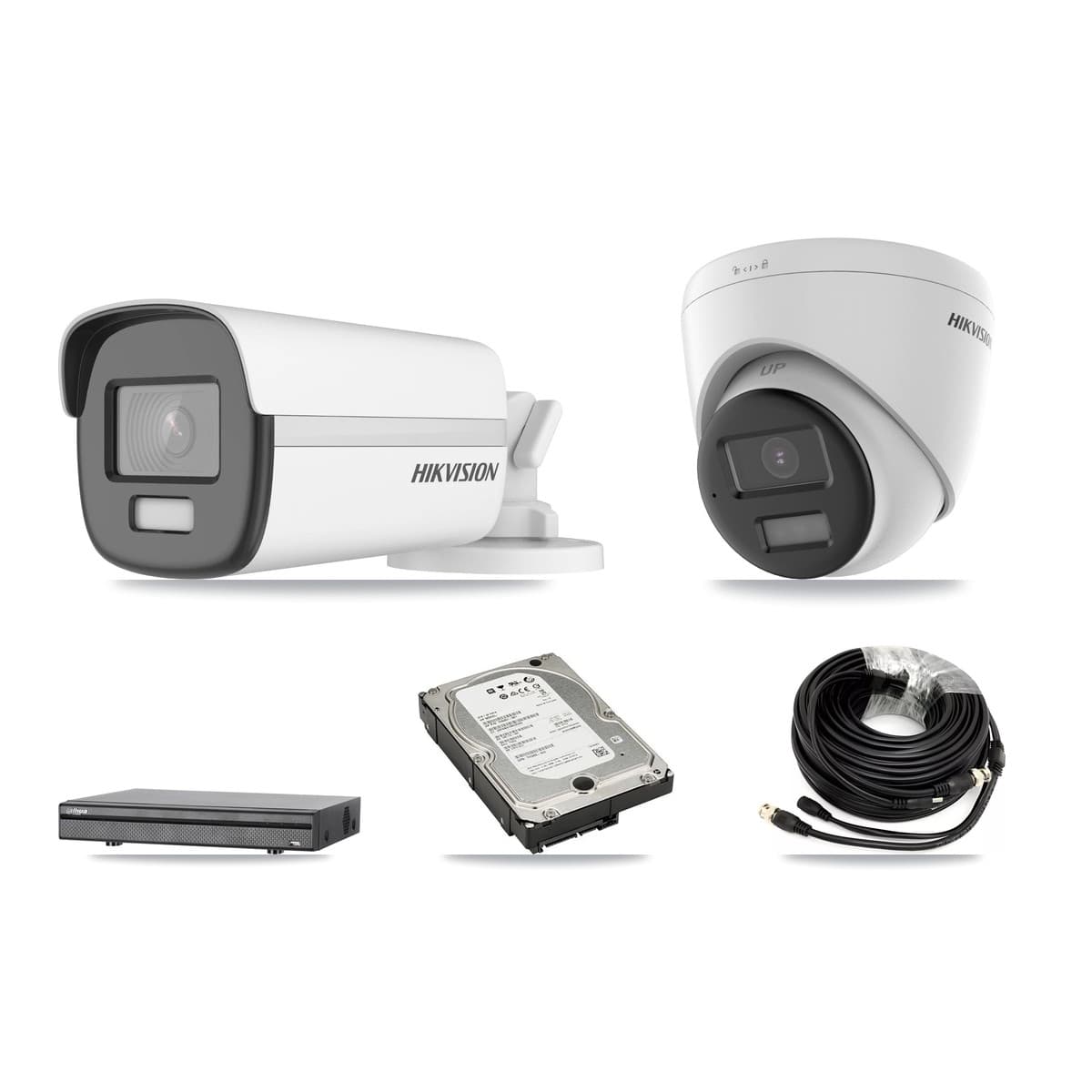 Hikvision & Dahua 8-Channel 4K CCTV Kit — 1 Bullet + 1 Turret Cameras + 5TB Recording (DH-XVR5108H Recorder) - Image 1