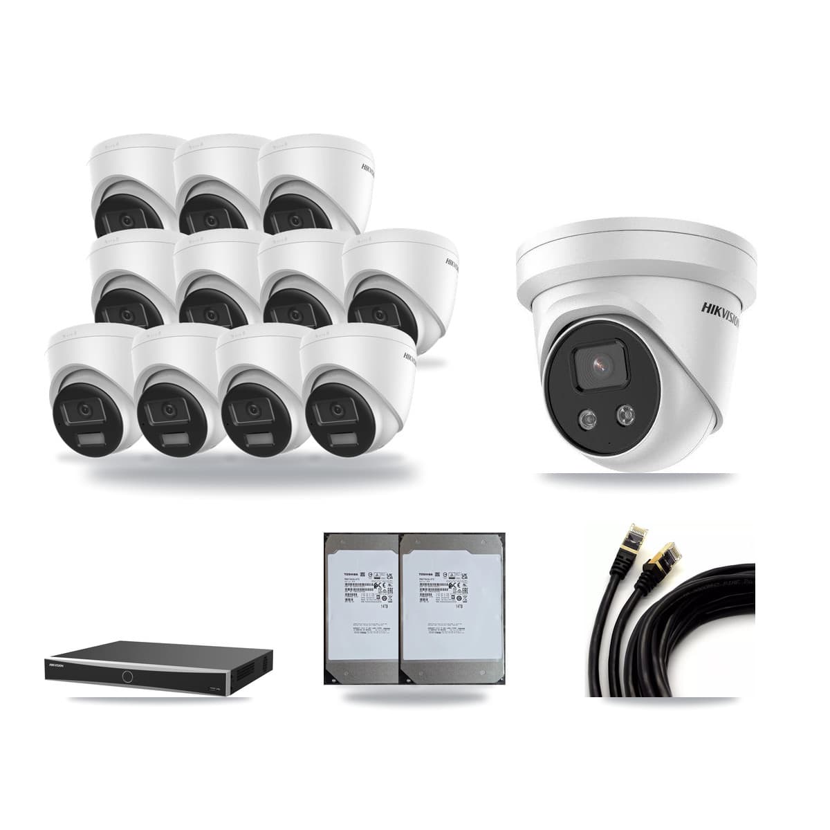Hikvision 16-Channel 5MP – 4K CCTV Kit — 11 DS-2CD1383G2-LIUF/SL 4K + 1 DS-2CD3356G2-ISU 5MP Turret Cameras + 2× 14TB Recording (DS-7616NXI-K2/16P(E) Recorder) - Image 1