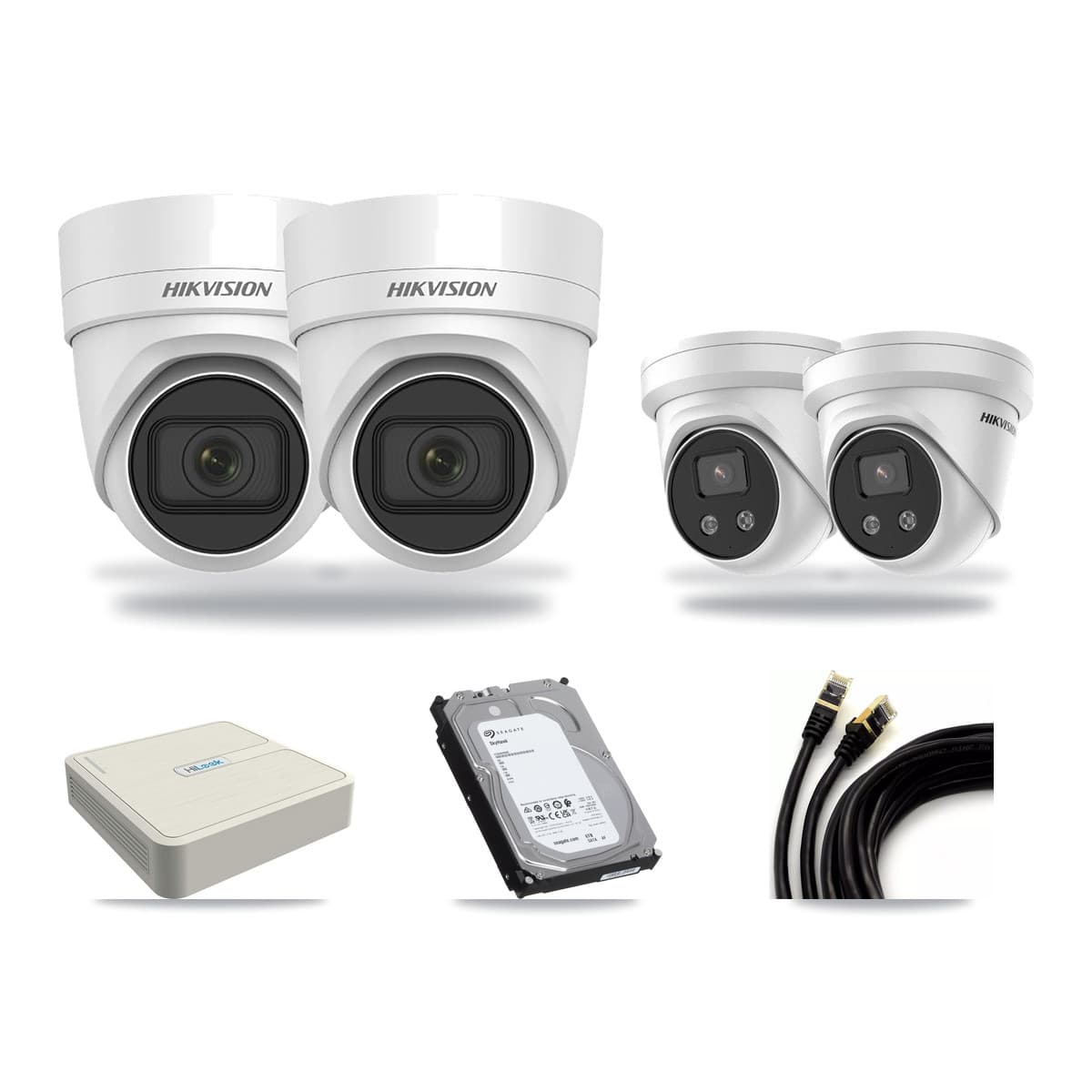 Hikvision & HiLook 8-Channel 4MP – 5MP CCTV Kit — 2 DS-2CD2H45FWD 4MP + 2 DS-2CD3356G2 5MP Turret Cameras + 6TB Recording - Image 1