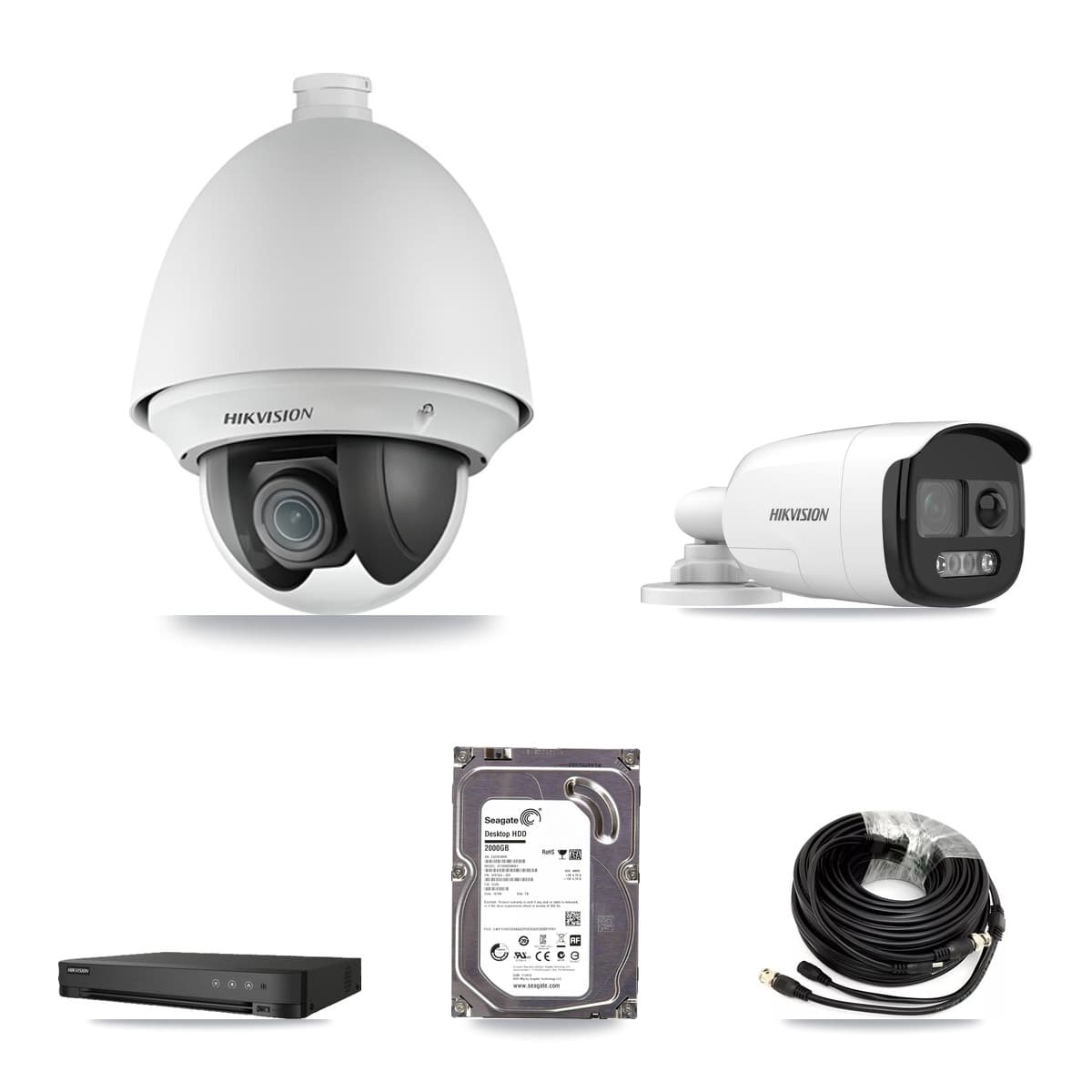 Hikvision 8-Channel 2MP – 5MP CCTV Kit — 1 DS-2AE4225T-A 2MP PTZ + 1 DS-2CE12KF3T-PIRXO 5MP Bullet Cameras + 2TB Recording (IDS-7208HUHI-M1/E Recorder)