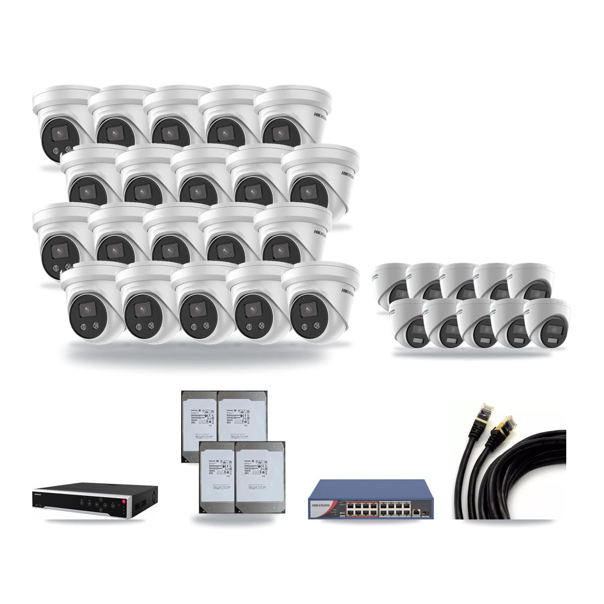 Hikvision 32-Channel 2MP – 5MP CCTV Kit — 10 2MP + 20 5MP Turret Cameras + 4× 14TB Recording - Image 1