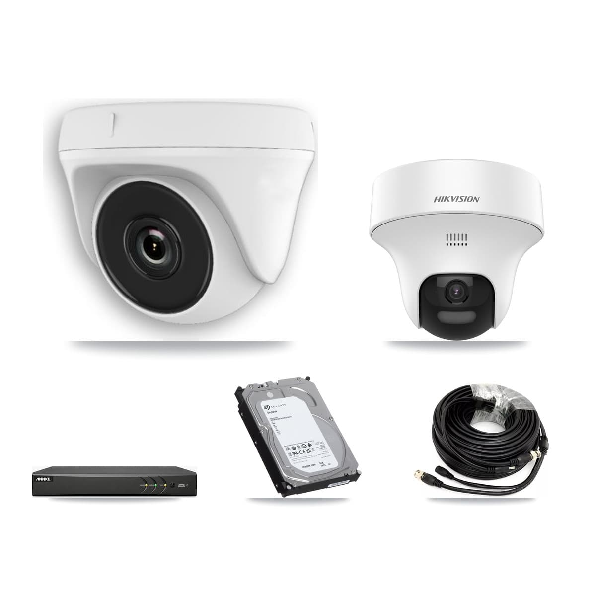 Hikvision & ANNKE 4-Channel 2MP – 5MP CCTV Kit — 1 DS-2CE70K0T 5MP Turret + 3 White HDT-2MP-N20W 2MP Dome Cameras + 6TB Recording