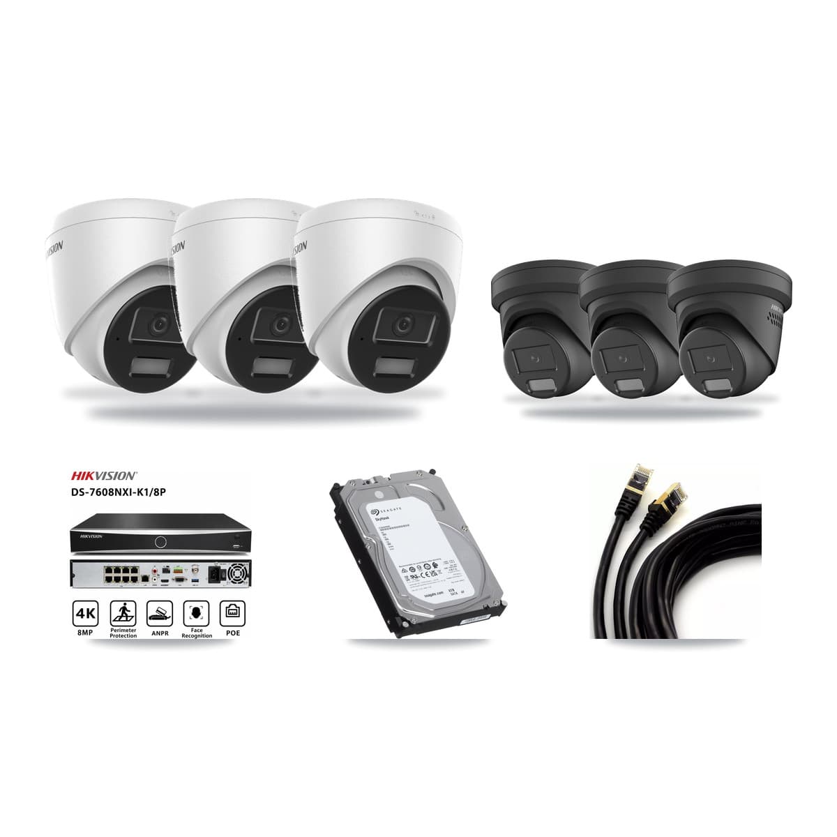 Hikvision 8-Channel 4MP CCTV Kit — 3 DS-2CD1343G2 + 3 Black DS-2CD2347G2 Turret Cameras + 6TB Recording (DS-7608NXI Recorder) - Image 1
