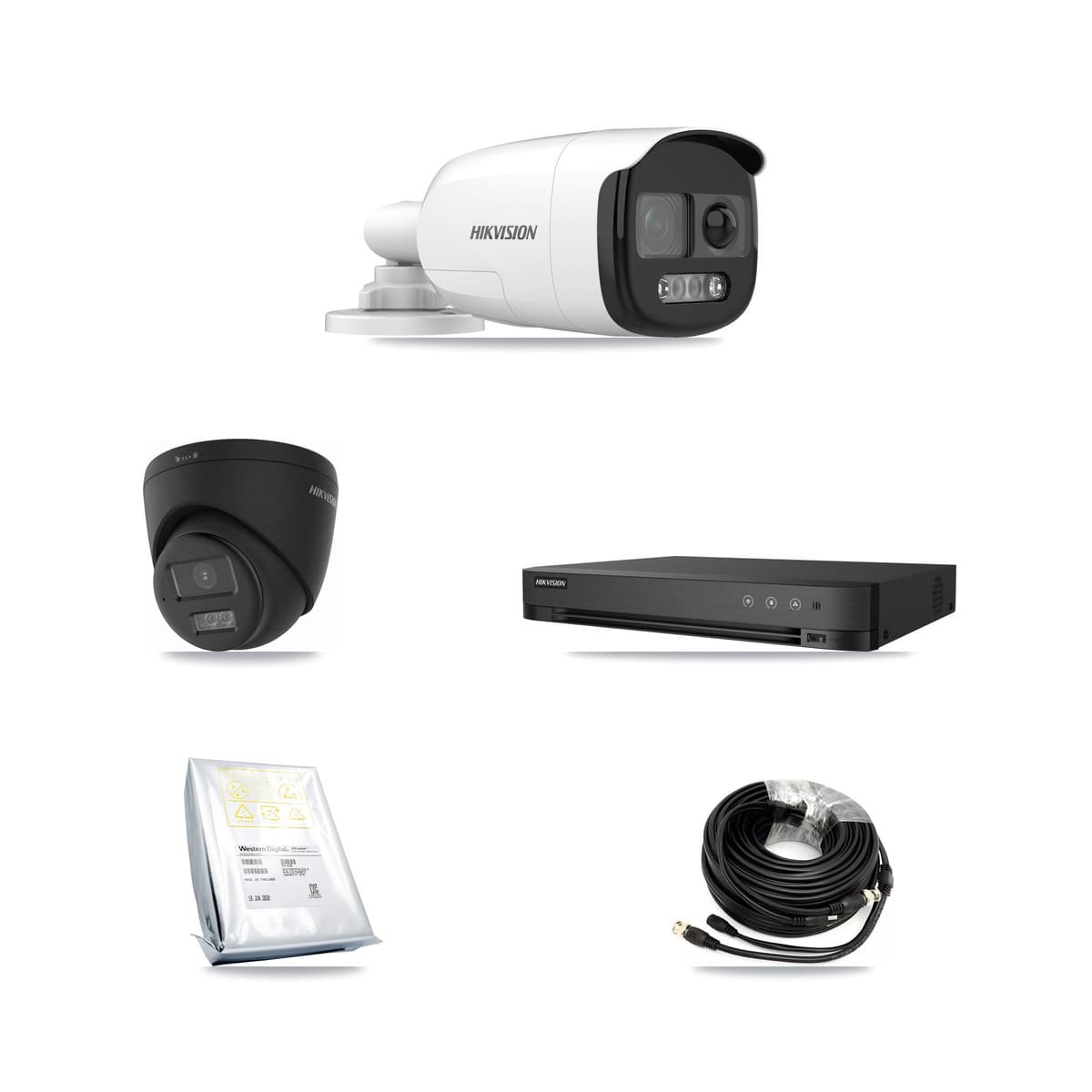 Hikvision 4-Channel 5MP – 4K CCTV Kit — 2 5MP Bullet + 2 Black 4K Turret Cameras + 8TB Recording (IDS-7204HUHI Recorder)