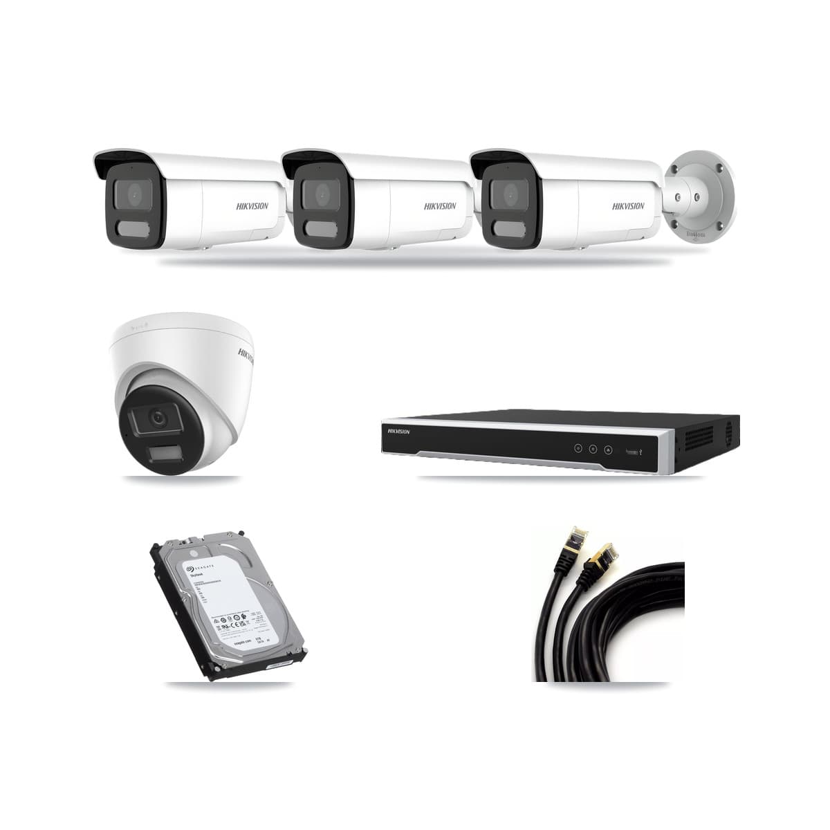 Hikvision 8-Channel 4MP – 4K CCTV Kit — 1 DS-2CD1383G2-LIUF/SL 4K Turret + 3 DS-2CD2T47G2H-LISU/SL 4MP Bullet Cameras + 6TB Recording (DS-7608NI-M2/8P Recorder) - Image 1