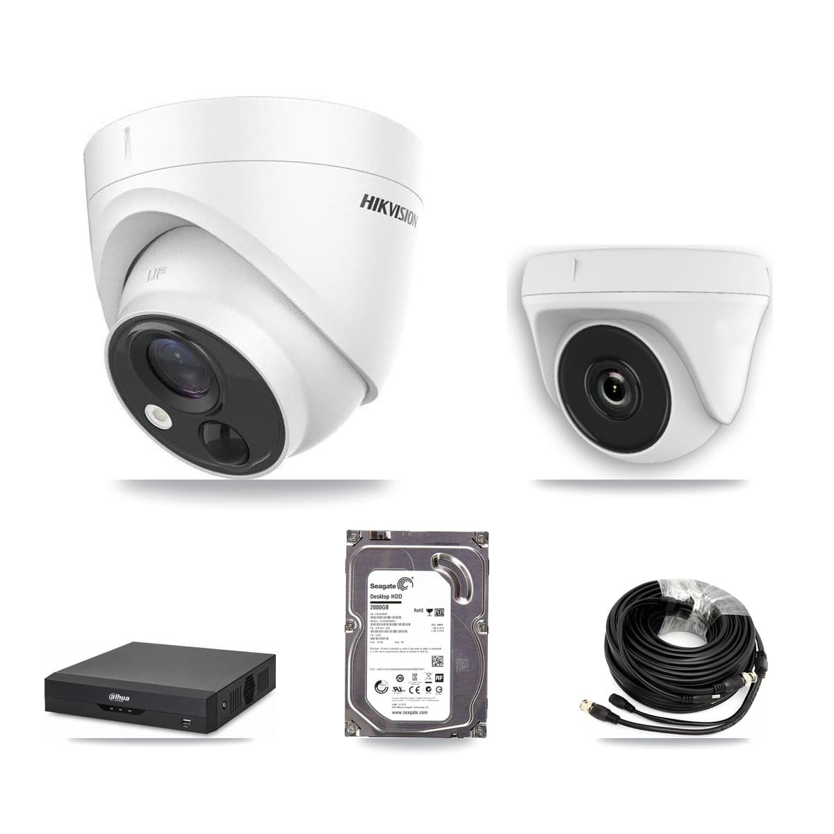 Hikvision & Dahua 4-Channel 2MP – 5MP CCTV Kit — 1 DS-2CE71H0T 5MP Turret + 1 White HDT-2MP-N20W 2MP Dome Cameras + 2TB Recording - Image 1