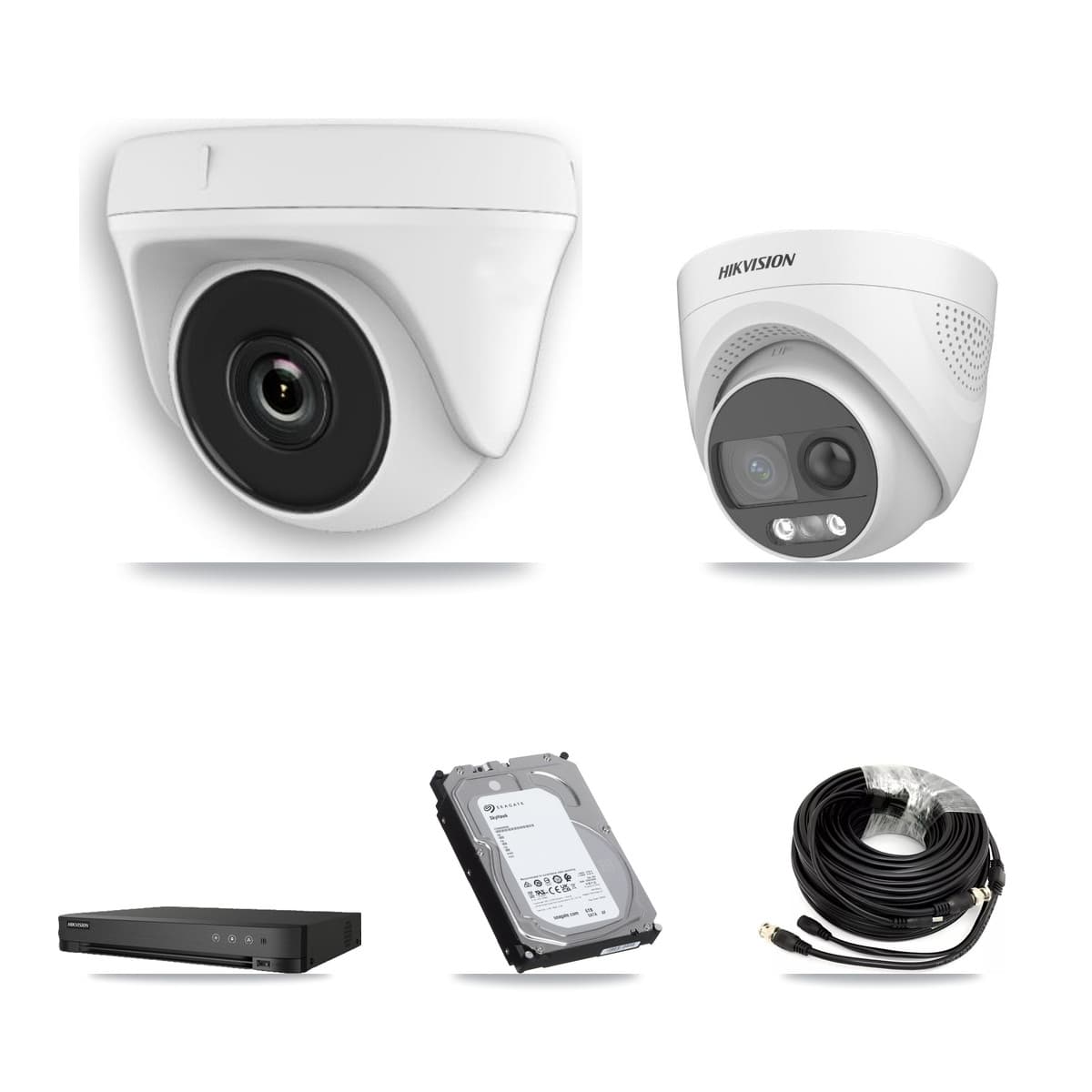 Hikvision 8-Channel 2MP – 5MP CCTV Kit — 1 DS-2CE72KF3T 5MP Turret + 5 White HDT-2MP-N20W 2MP Dome Cameras + 6TB Recording (IDS-7208HQHI Recorder) - Image 1