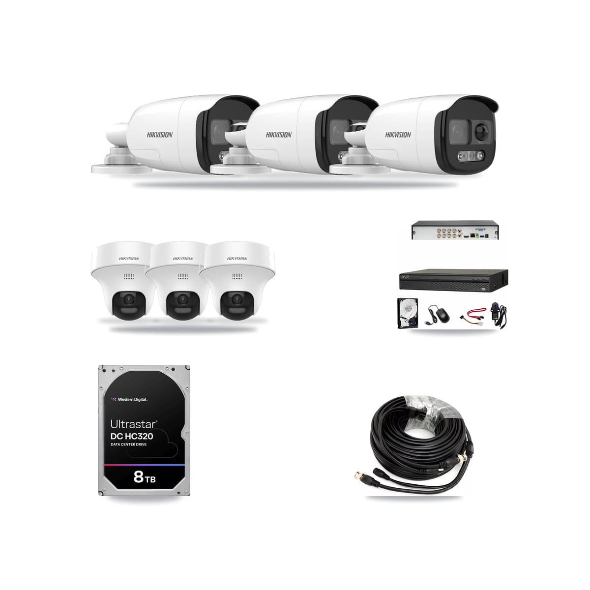Hikvision & Dahua 8-Channel 5MP CCTV Kit — 3 DS-2CE12KF3T Bullet + 3 DS-2CE70K0T Turret Cameras + 8TB Recording - Image 1