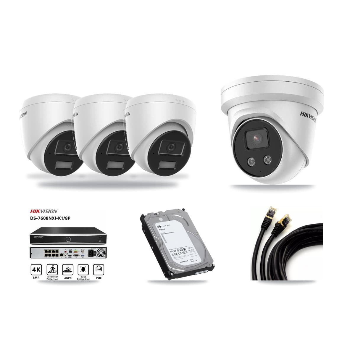 Hikvision 8-Channel 4MP – 5MP CCTV Kit — 3 4MP + 1 5MP Turret Cameras + 6TB Recording (DS-7608NXI Recorder) - Image 1