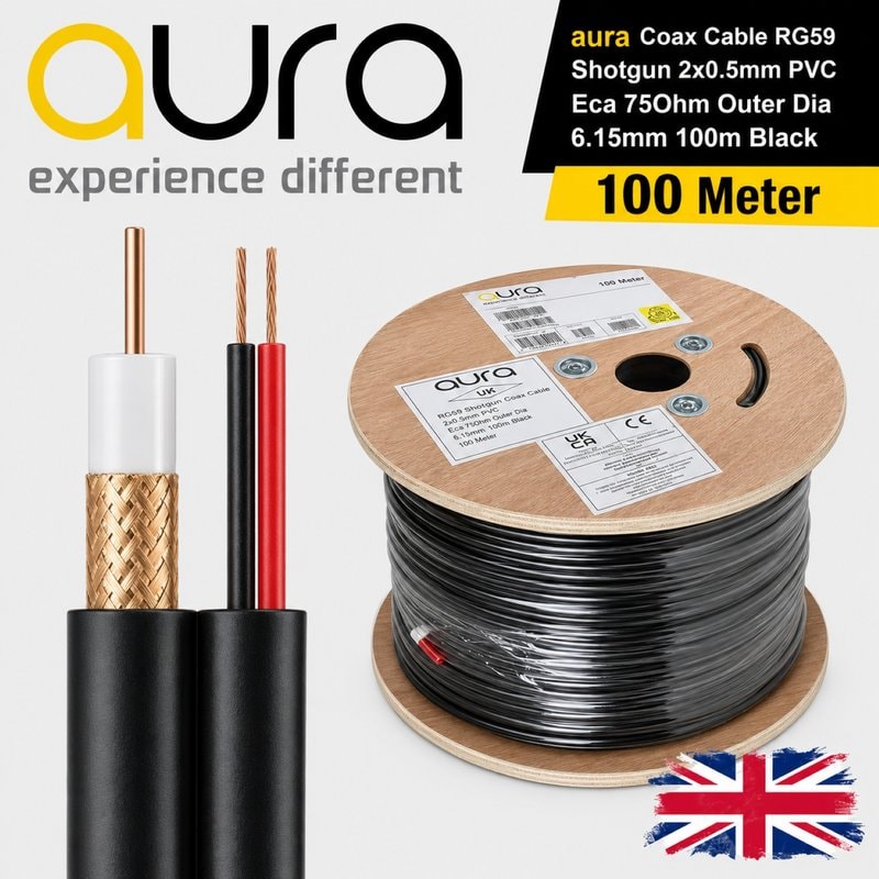 Aura RG59 Shotgun CCTV Cable Reel 100m Coaxial + Power Black