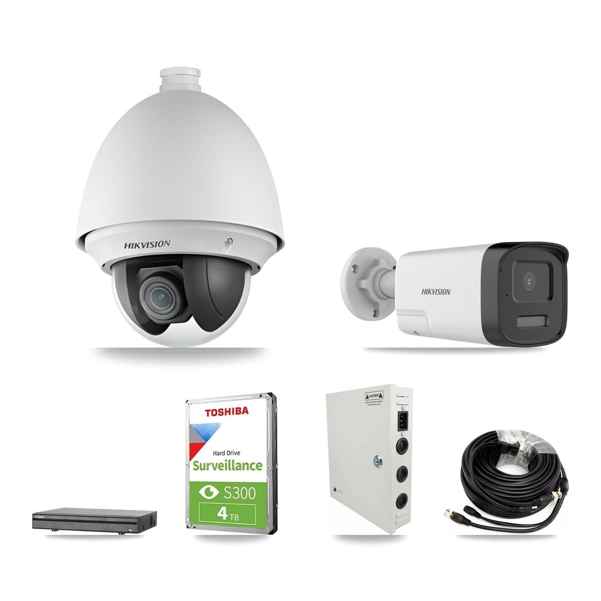 Hikvision & Dahua 8-Channel 2MP – 5MP CCTV Kit — 4 DS-2AE4225T 2MP PTZ + 1 DS-2CE17K0T 5MP Bullet Cameras + 4TB Recording