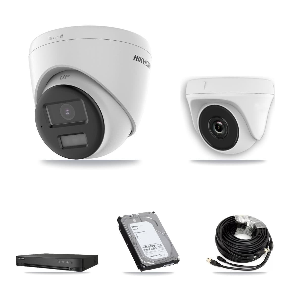 Hikvision 8-Channel 2MP – 5MP CCTV Kit — 4 DS-2CE78K0T 5MP Turret + 4 White HDT-2MP-N20W 2MP Dome Cameras + 6TB Recording (IDS-7208HQHI Recorder)