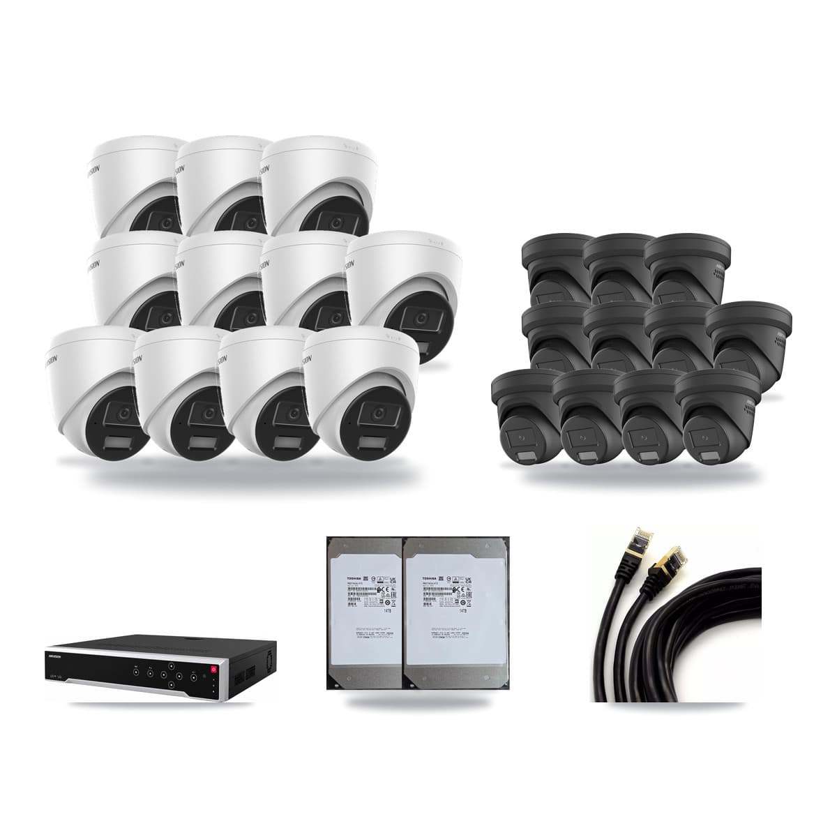 Hikvision 32-Channel 4MP CCTV Kit — 11 DS-2CD1343G2 + 11 DS-2CD2347G2 Turret Cameras + 2× 14TB Recording - Image 1