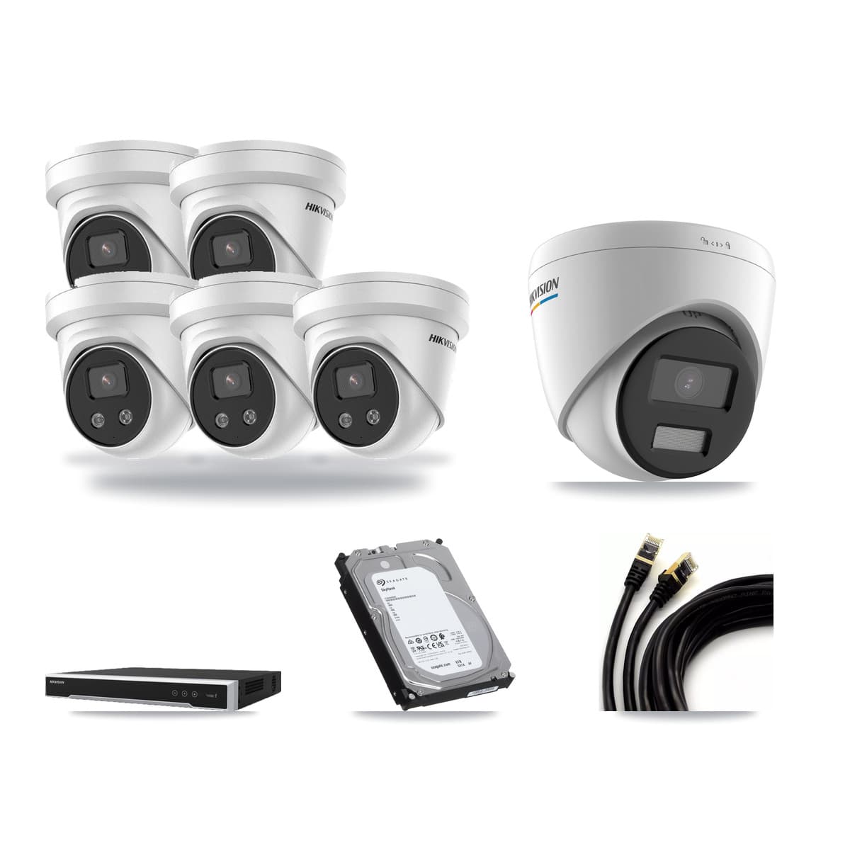 Hikvision 8-Channel 2MP – 5MP CCTV Kit — 1 2MP + 5 5MP Turret Cameras + 6TB Recording (DS-7608NI-M2 Recorder) - Image 1