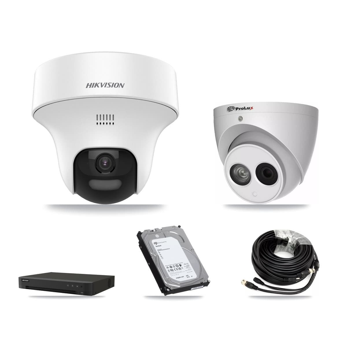 Hikvision & Prolux 8-Channel 4MP – 5MP CCTV Kit — 4 DS-2CE70K0T-PTLTS 5MP + 1 PXC-612C4W-A-POC 4MP Turret Cameras + 6TB Recording (IDS-7208HUHI-M1/XT Recorder)