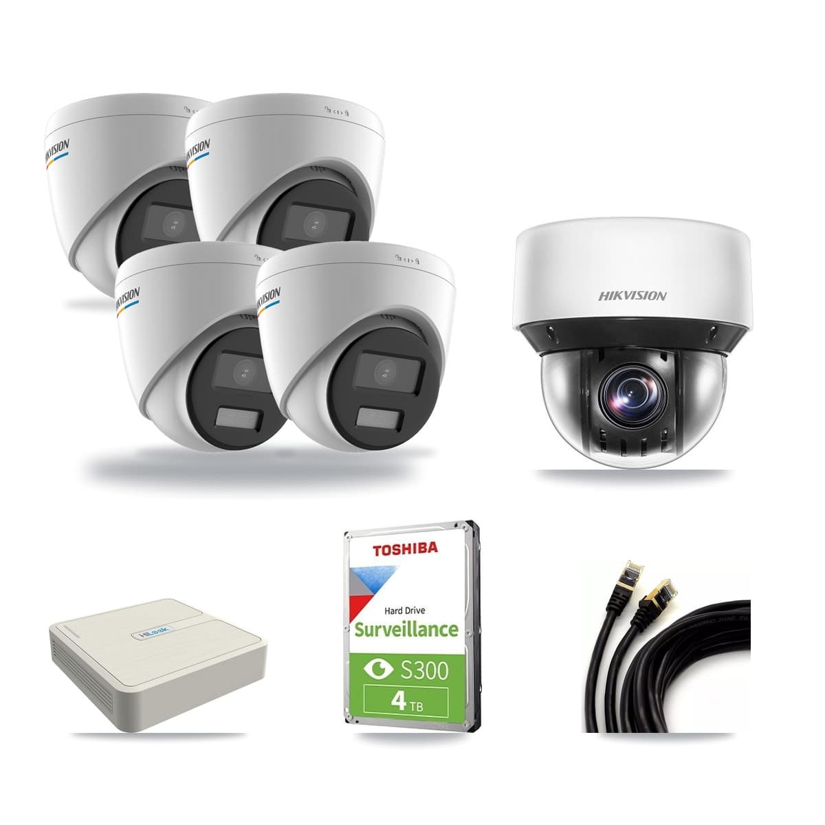 Hikvision & HiLook 8-Channel 2MP – 4MP CCTV Kit — 4 DS-2CD1327G2 2MP Turret + 1 DS-2DE4A425IW 4MP PTZ Cameras + 4TB Recording - Image 1