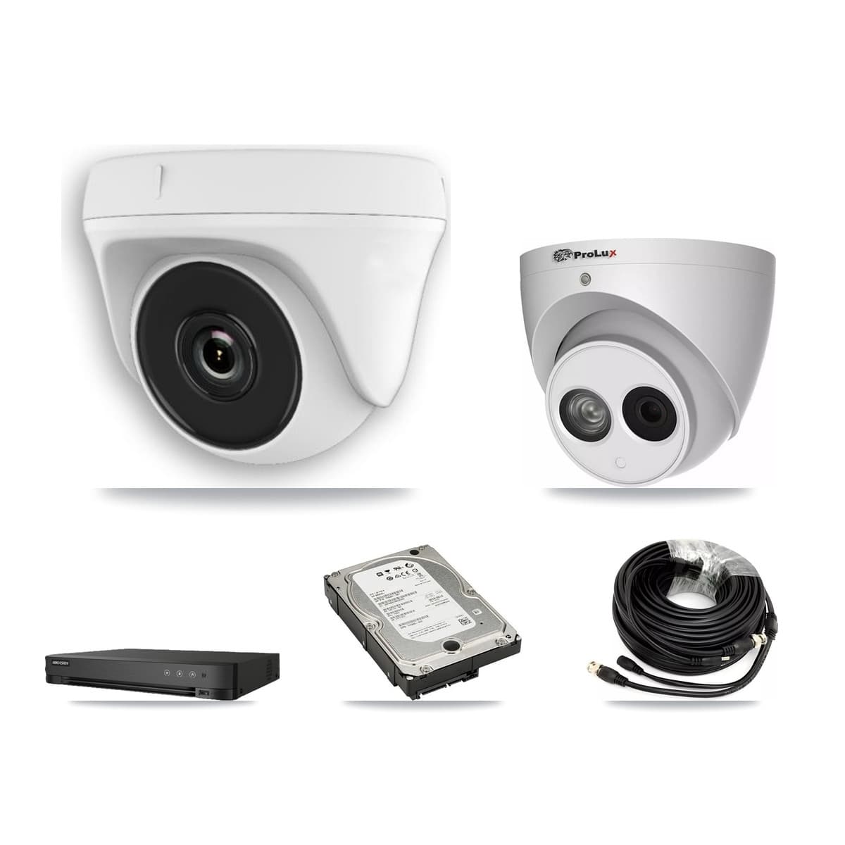 Prolux & Hikvision 8-Channel 2MP – 4MP CCTV Kit — 5 White HDT-2MP-N20W-2.8MM 2MP Dome + 1 PXC-612C4W-A-POC 4MP Turret Cameras + 5TB Recording (IDS-7208HUHI-M1/E Recorder)