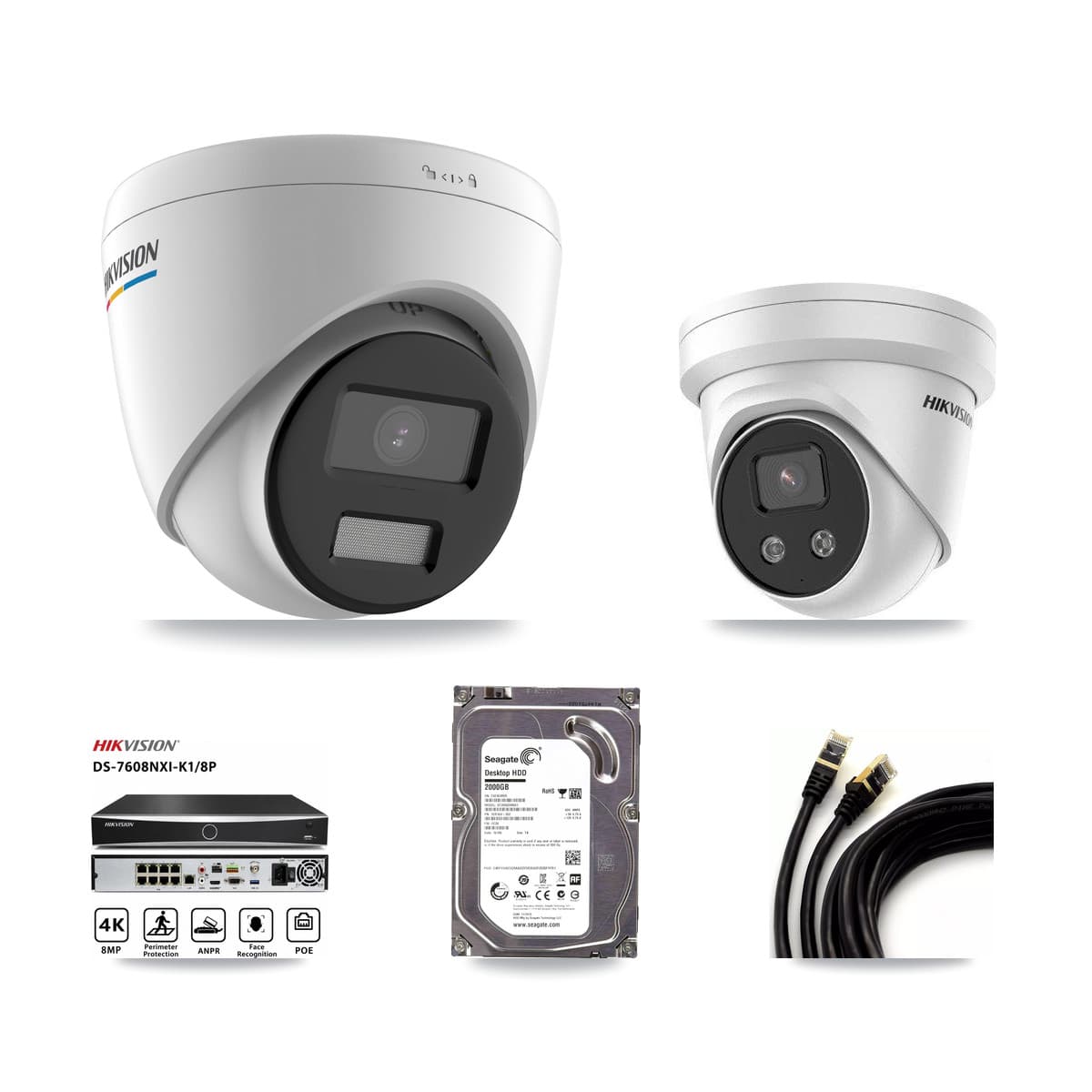 Hikvision 8-Channel 2MP – 5MP CCTV Kit — 1 2MP + 1 5MP Turret Cameras + 2TB Recording (DS-7608NXI Recorder)