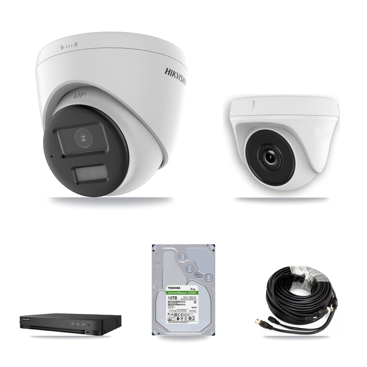 Hikvision 8-Channel 2MP – 5MP CCTV Kit — 6 DS-2CE78K0T 5MP Turret + 2 White HDT-2MP-N20W 2MP Dome Cameras + 10TB Recording (IDS-7208HQHI Recorder) - Image 1