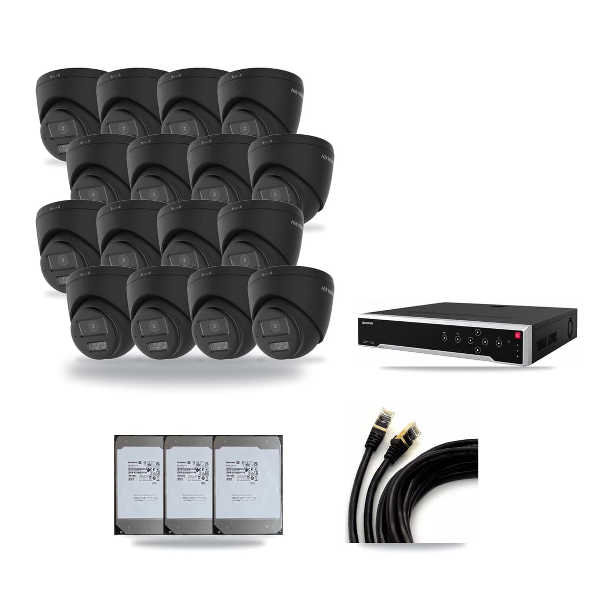Hikvision 32-Channel 4K CCTV Kit — 16 Black Turret Cameras + 3× 14TB Recording - Image 1