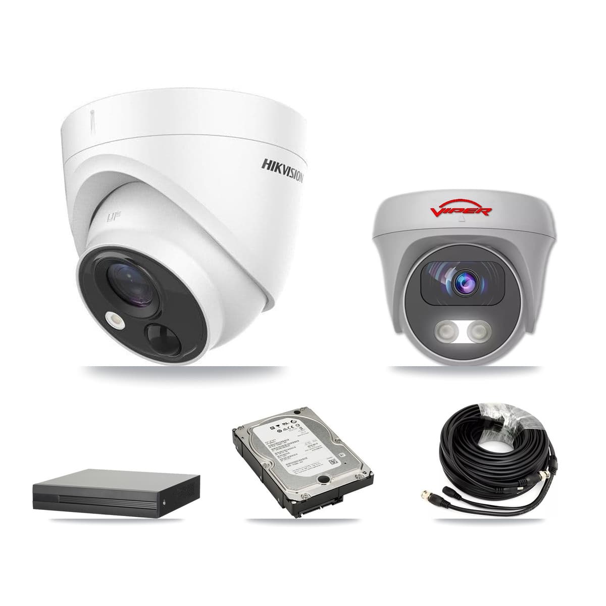 Hikvision & Viper 4-Channel 5MP CCTV Kit — 3 DS-2CE71H0T Turret + 1 White VIPER-5MP-3K Cameras + 5TB Recording (XVR-3104HS Recorder)