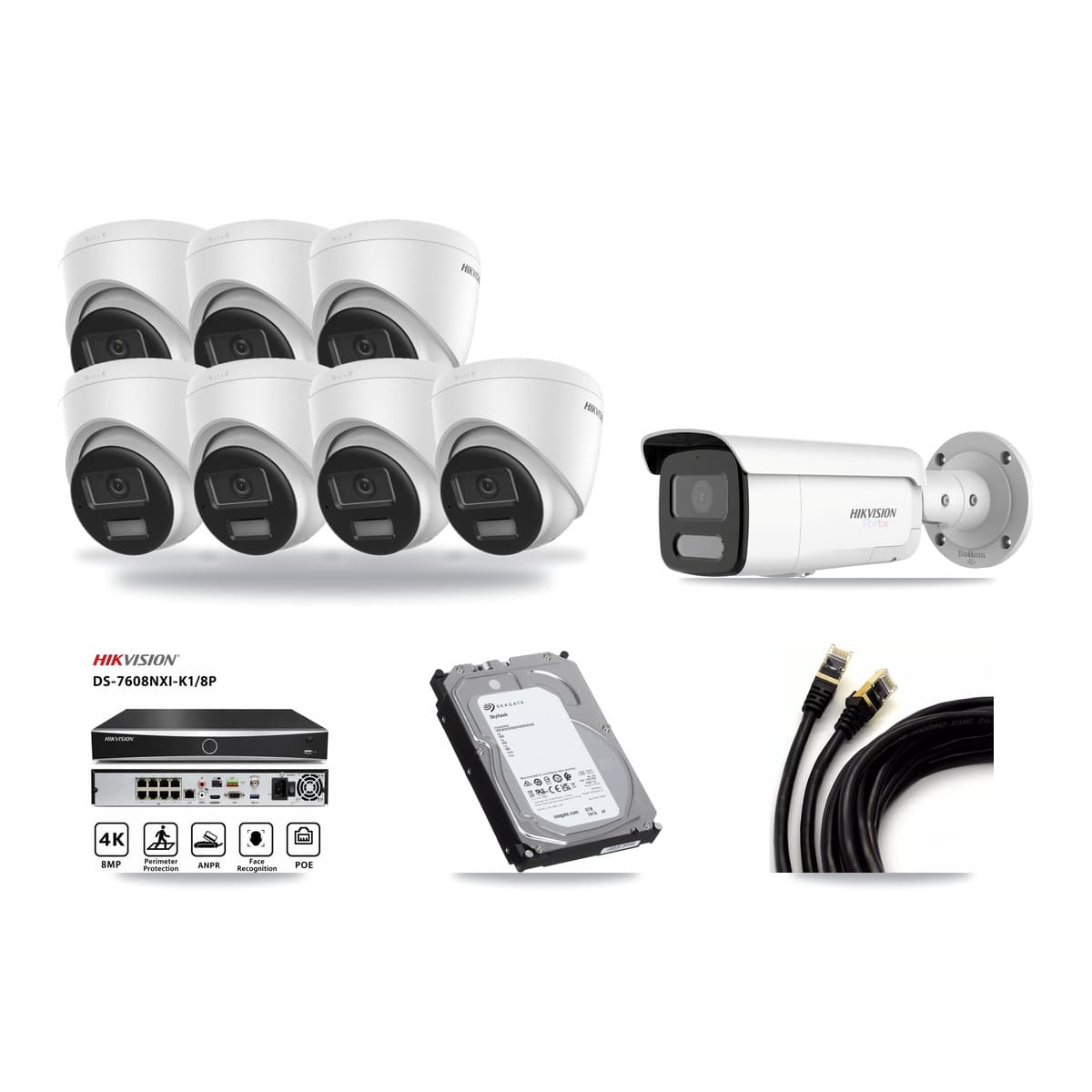 Hikvision 8-Channel 4K CCTV Kit — 7 DS-2CD1383G2-LIU Turret + 1 White DS-2CD2T87G2H-LISU/SL-2.8MM-W Bullet Cameras + 6TB Recording (DS-7608NXI-K1/8P Recorder) - Image 1