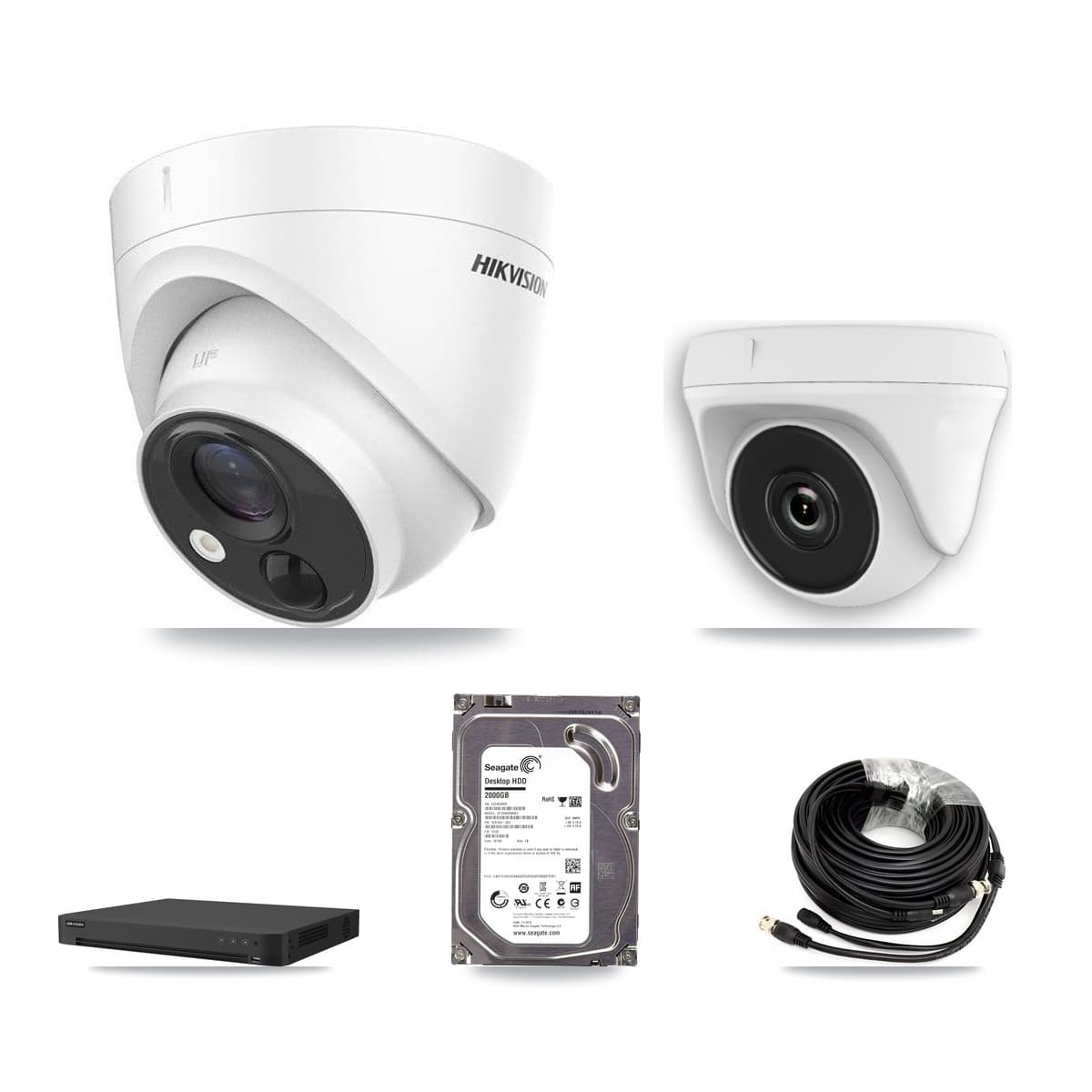 Hikvision 16-Channel 2MP – 5MP CCTV Kit — 1 DS-2CE71H0T 5MP Turret + 1 White HDT-2MP-N20W 2MP Dome Cameras + 2TB Recording (IDS-7216HUHI Recorder) - Image 1