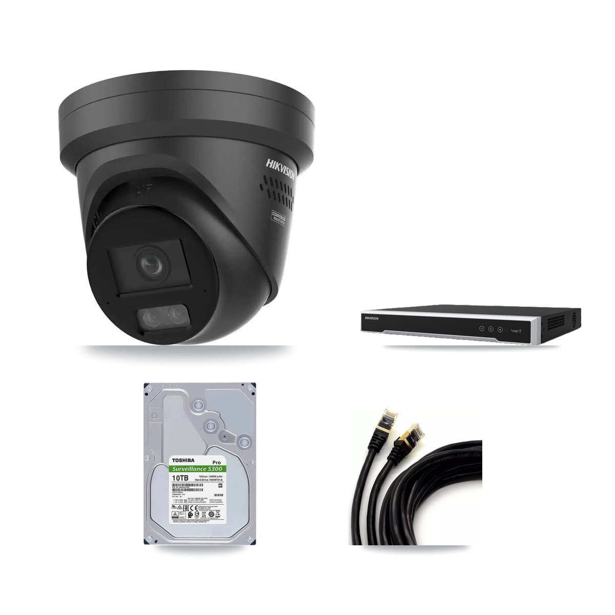 Hikvision 8-Channel 4K CCTV Kit — 4 Black Turret Cameras + 10TB Recording (DS-7608NI-M2 Recorder)