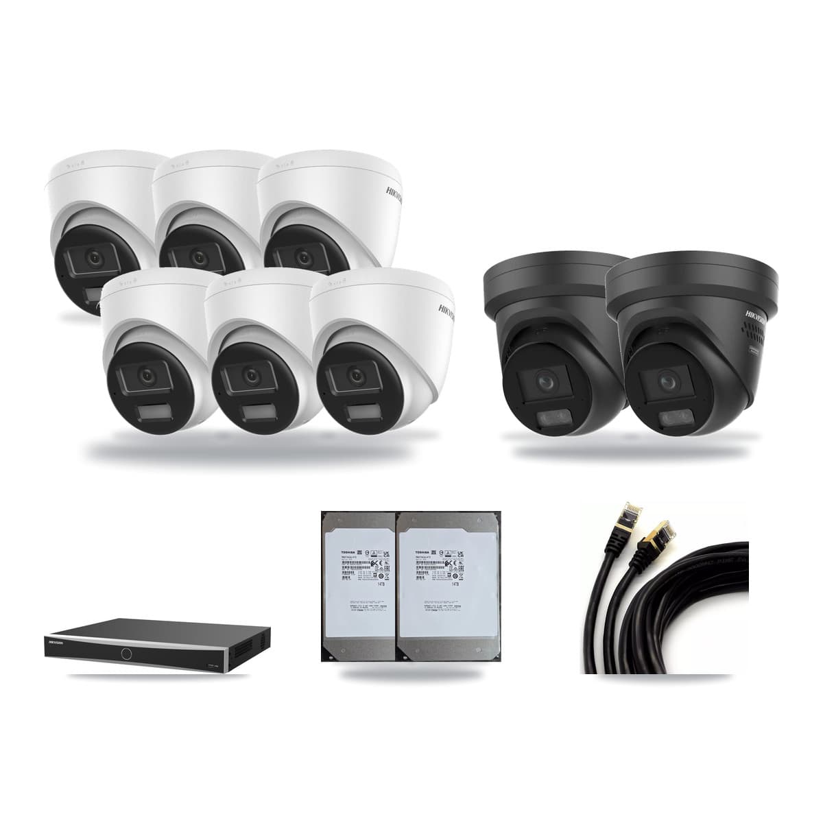 Hikvision 16-Channel 4K CCTV Kit — 6 DS-2CD1383G2 + 2 Black DS-2CD2387G3 Turret Cameras + 2× 14TB Recording (DS-7616NXI Recorder) - Image 1