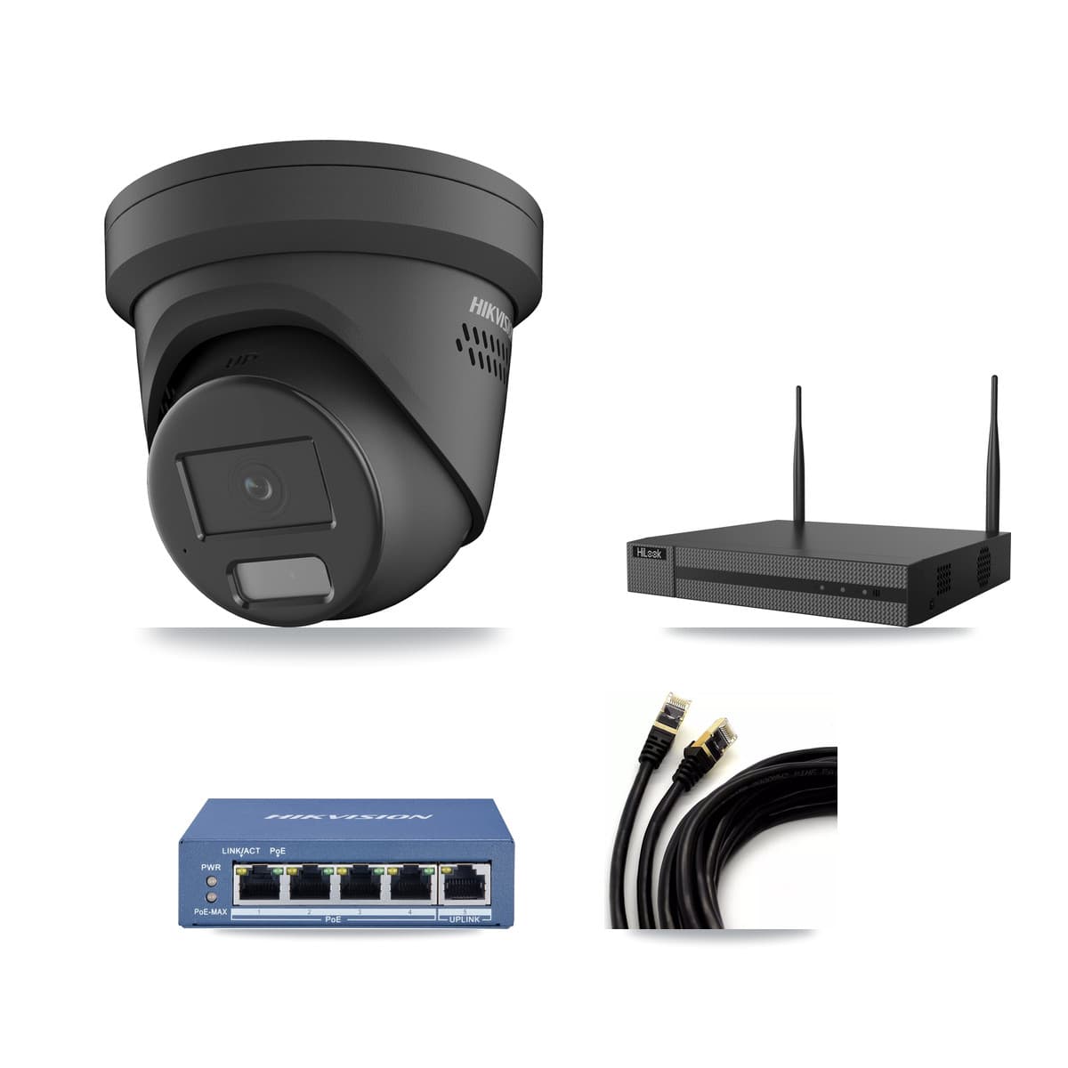 Hikvision & HiLook 4-Channel 4MP CCTV Kit — 2 Black Turret Cameras + 3TB Recording