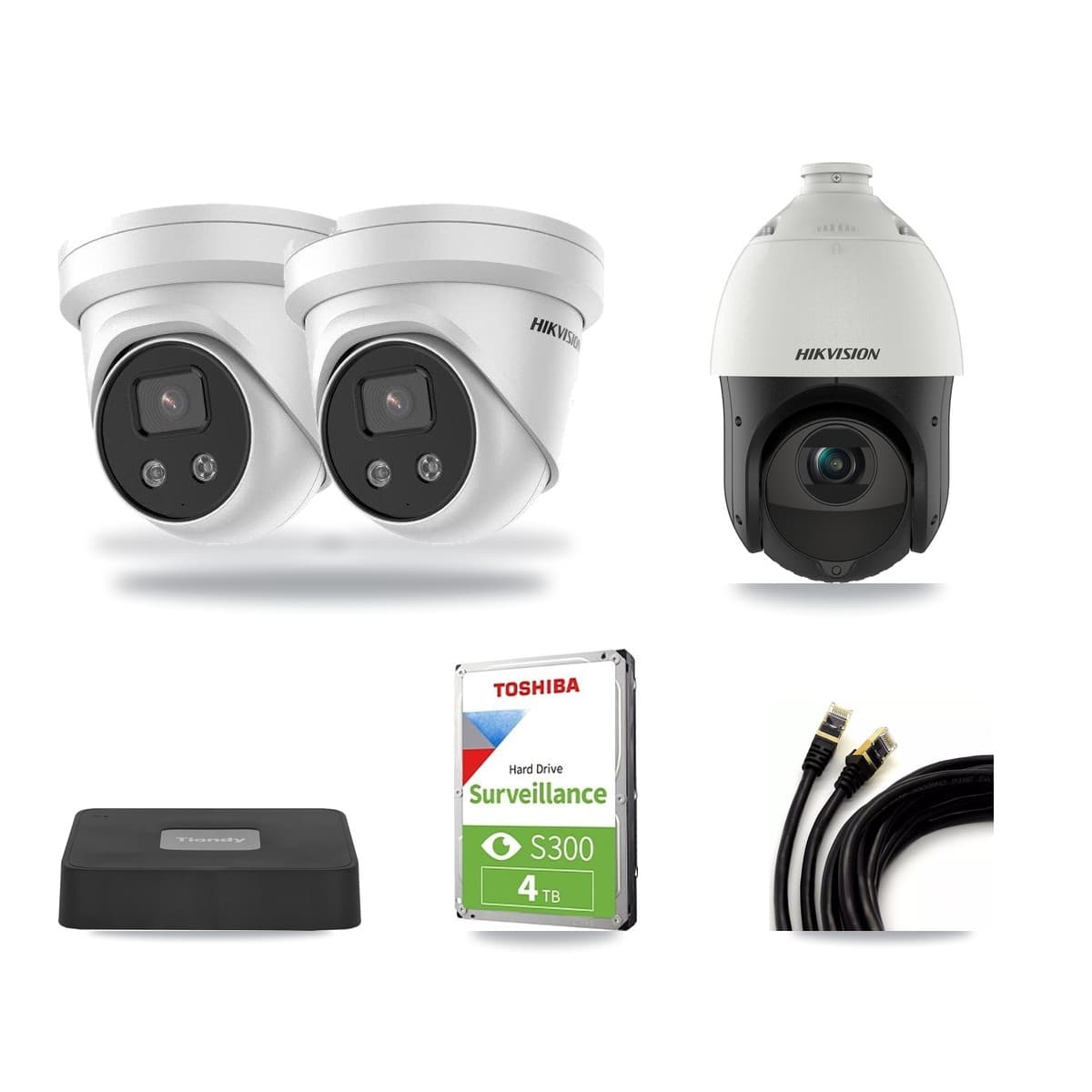 Hikvision & Tiandy 4-Channel 4MP – 5MP CCTV Kit — 2 DS-2CD3356G2 5MP Turret + 1 DS-2DE4425IW 4MP PTZ Cameras + 4TB Recording - Image 1