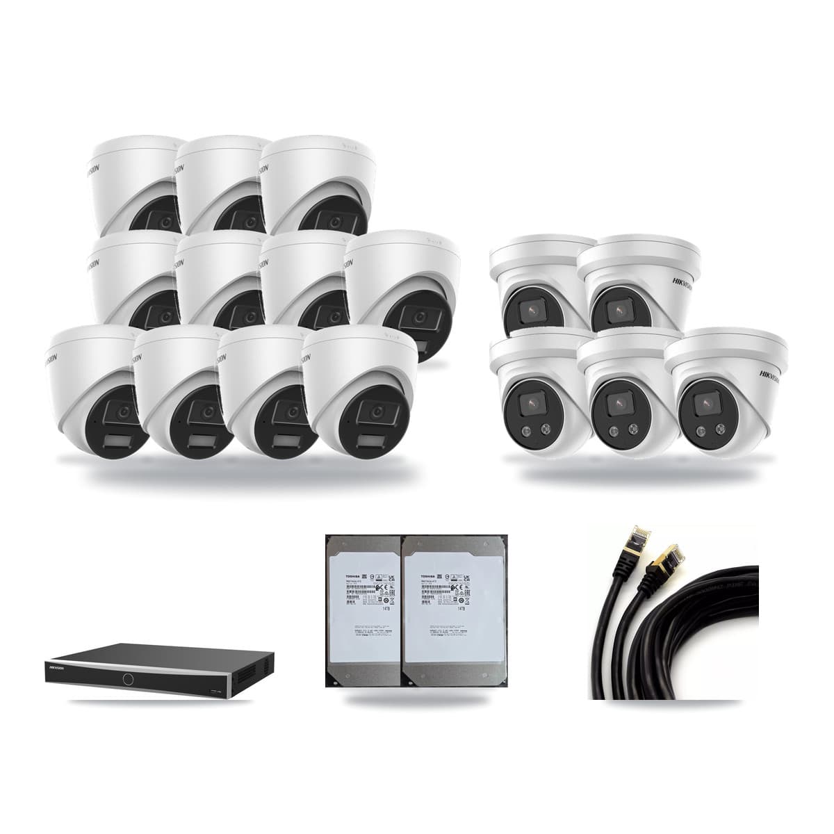 Hikvision 16-Channel 4MP – 5MP CCTV Kit — 11 4MP + 5 5MP Turret Cameras + 2× 14TB Recording (DS-7616NXI Recorder) - Image 1