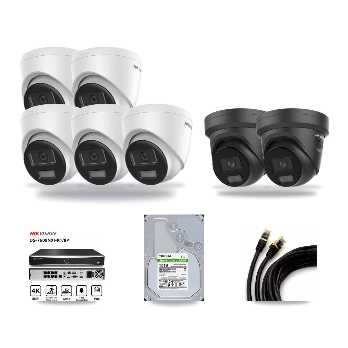 Hikvision 8-Channel 4K CCTV Kit — 5 DS-2CD1383G2 + 2 DS-2CD2387G3 Turret Cameras + 10TB Recording - Image 1