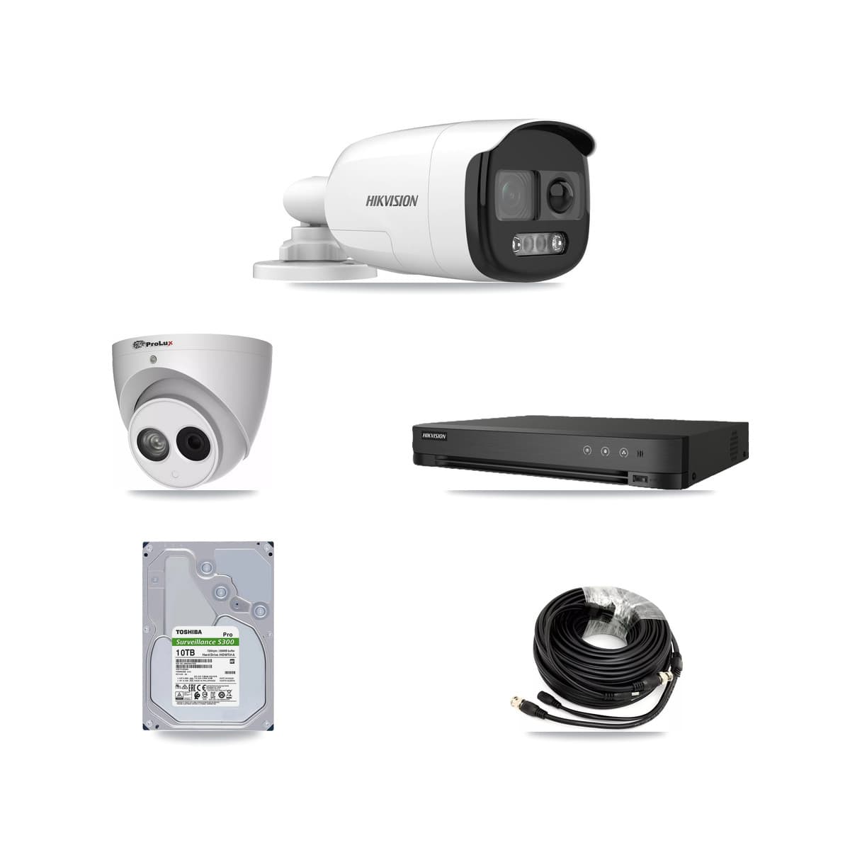 Hikvision & Prolux 8-Channel 4MP – 5MP CCTV Kit — 7 DS-2CE12KF3T 5MP Bullet + 1 PXC-612C4W-A 4MP Turret Cameras + 10TB Recording (IDS-7208HQHI Recorder)