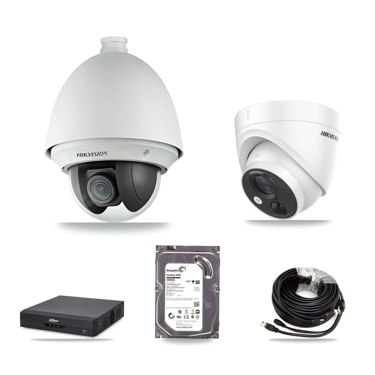 Hikvision & Dahua 4-Channel 2MP – 5MP CCTV Kit — 1 DS-2AE4225T 2MP PTZ + 1 DS-2CE71H0T 5MP Turret Cameras + 2TB Recording