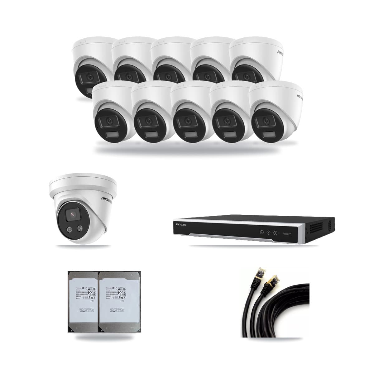 Hikvision 16-Channel 5MP – 4K CCTV Kit — 10 DS-2CD1383G2-LIU 4K + 1 DS-2CD3356G2-ISU 5MP Turret Cameras + 2× 14TB Recording (DS-7616NI-M2/16P Recorder) - Image 1