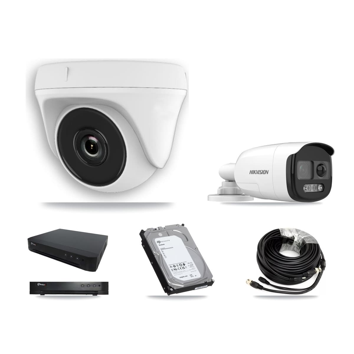 Hikvision & Prolux 16-Channel 2MP – 5MP CCTV Kit — 2 DS-2CE12KF3T 5MP Bullet + 5 White HDT-2MP-N20W 2MP Dome Cameras + 6TB Recording