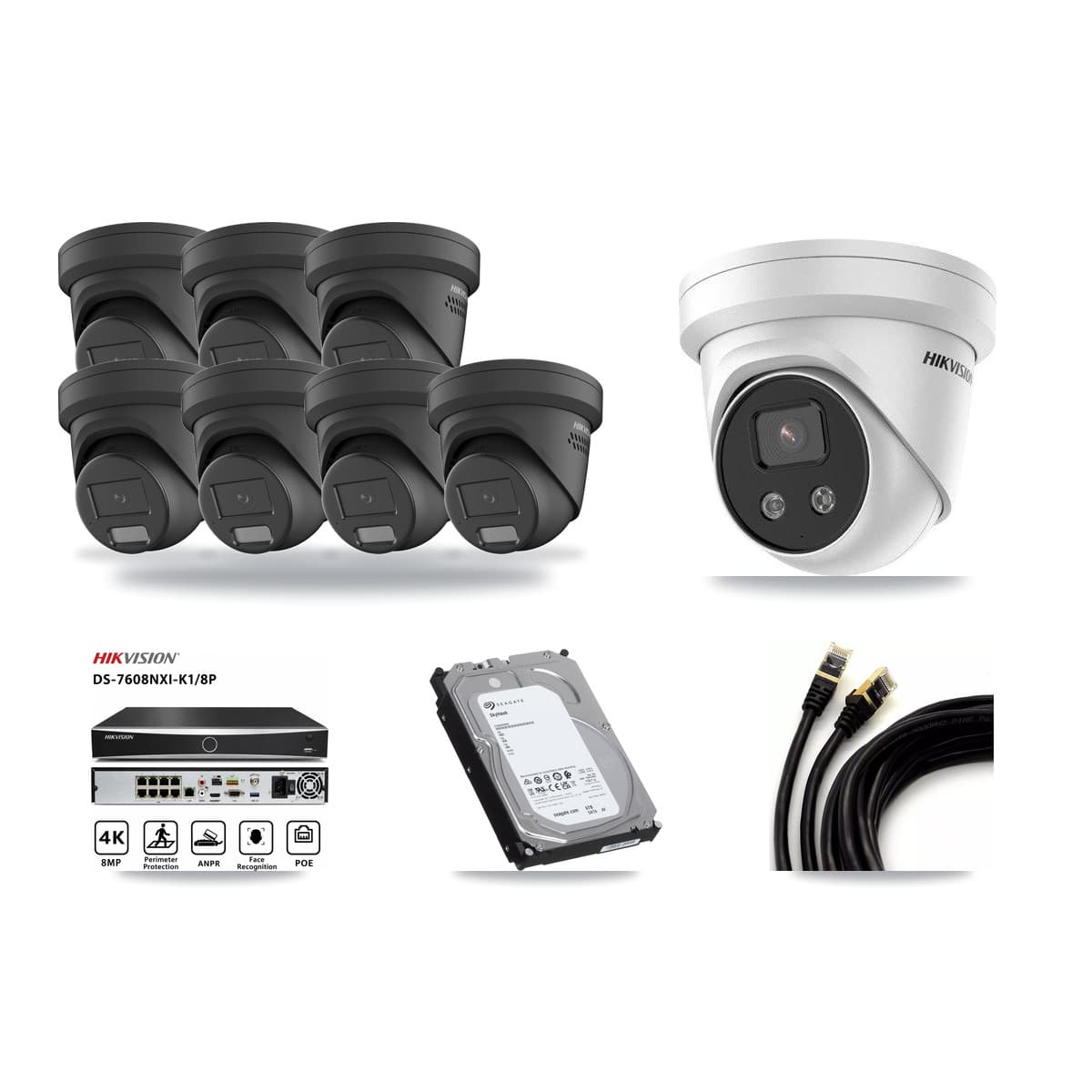 Hikvision 8-Channel 4MP – 5MP CCTV Kit — 7 Black 4MP + 1 5MP Turret Cameras + 6TB Recording - Image 1