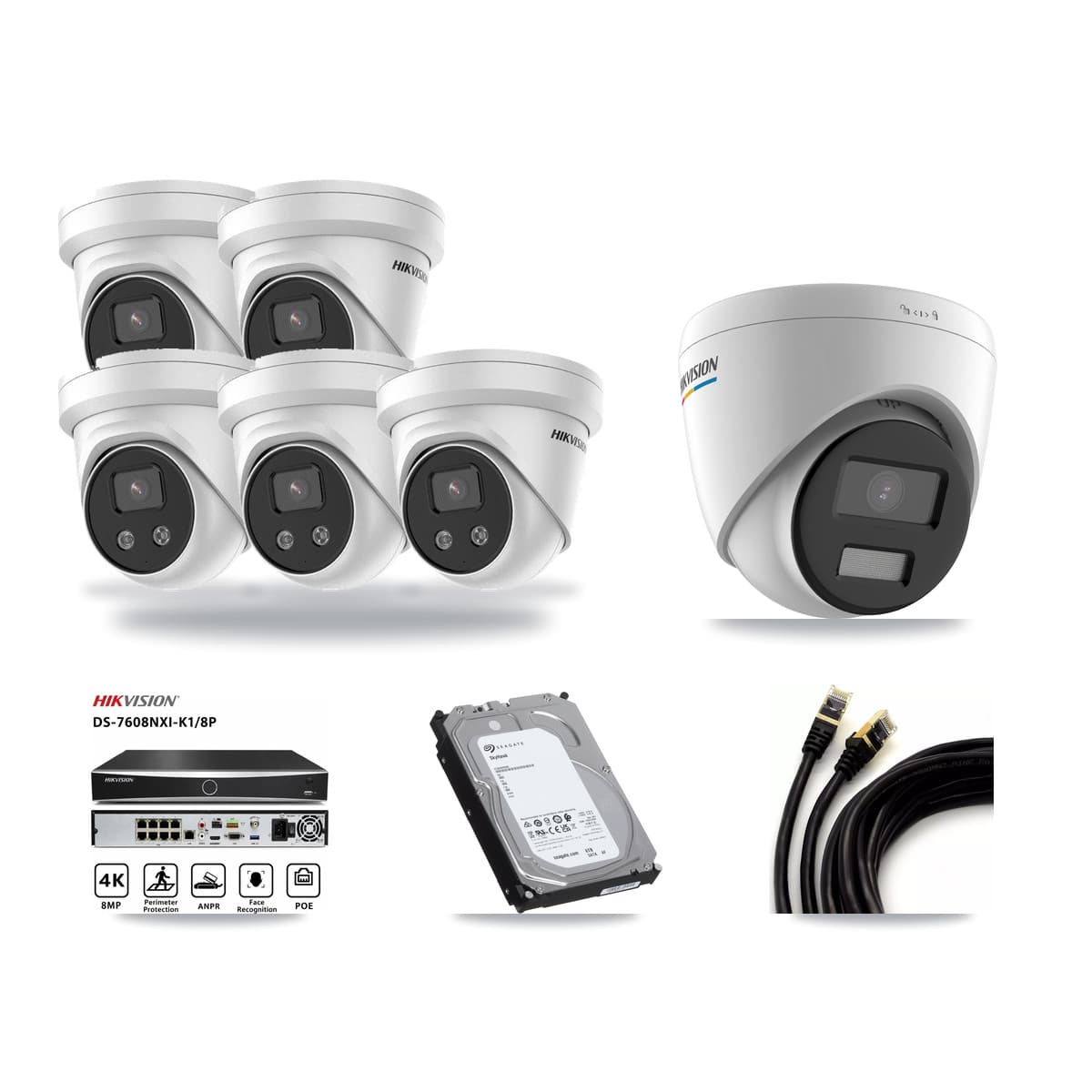 Hikvision 8-Channel 2MP – 5MP CCTV Kit — 1 2MP + 5 5MP Turret Cameras + 6TB Recording (DS-7608NXI Recorder) - Image 1