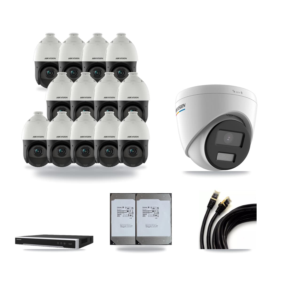 Hikvision 16-Channel 2MP – 4MP CCTV Kit — 1 2MP Turret + 13 4MP PTZ Cameras + 2× 14TB Recording (DS-7616NI-M2 Recorder) - Image 1